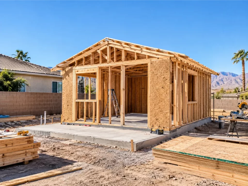Detached backyard ADU under construction with exposed wood framing and a concrete foundation in a Las Vegas residential yard
