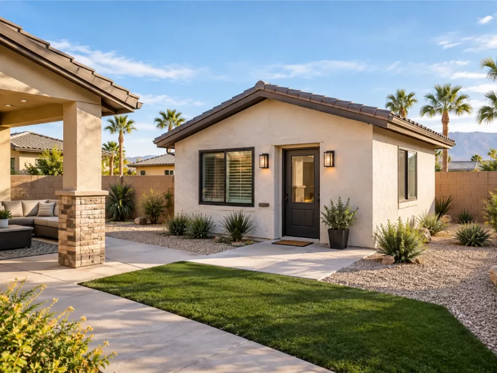 Detached accessory dwelling unit with stucco exterior, private entrance, and desert landscaping in a Las Vegas backyard